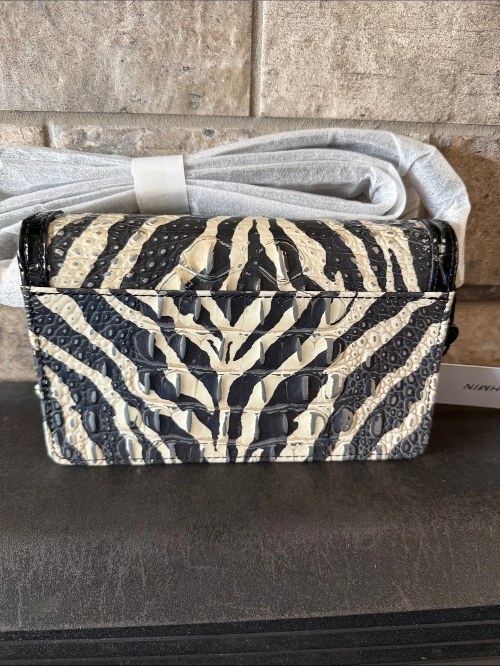 Brahmin Minuette Black & Cream Zebra-Embossed Crossbody Wallet